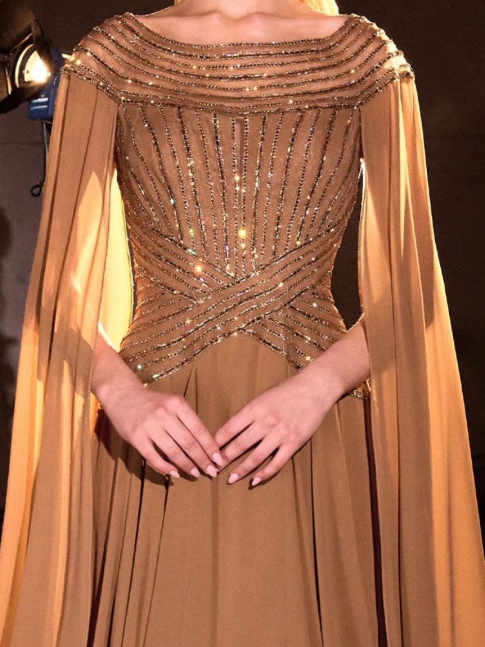 NWT Ladivine CL08 Bateau Neck Beaded Cape Evening Dress Bronze size 20 - Picture 2 of 5